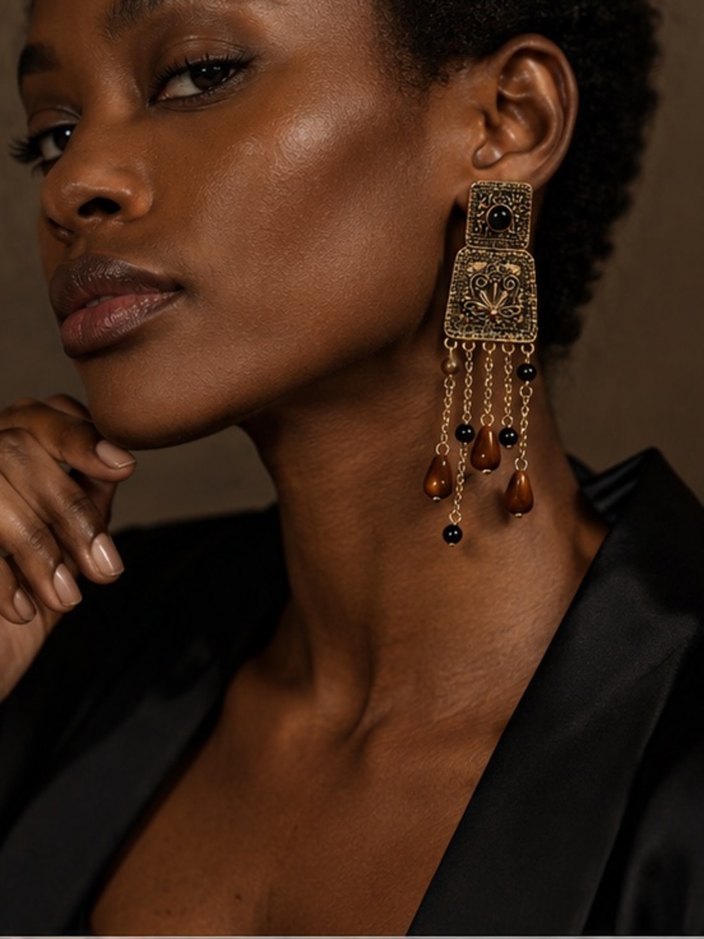 Antique Gold Filigree Chandelier Earrings with Onyx and Amber Teardrop